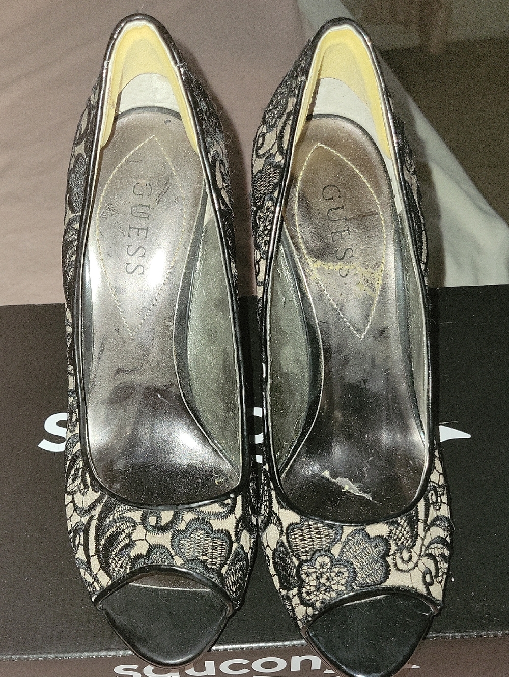 GUESS Black Lace Peep-Toe Heels with Nude Underlay